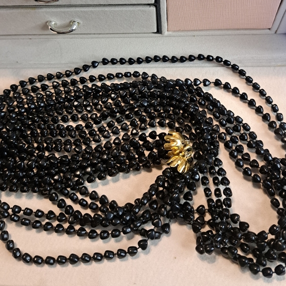 Vintage Black Acrylic Heart Beaded 6 Strand Necklace 30"L with Gold Tone - Picture 4 of 4